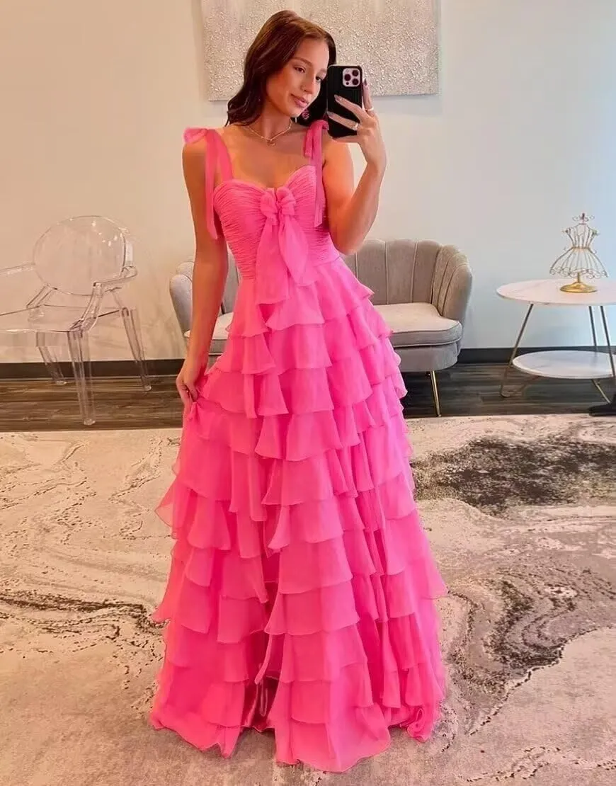 Tiered Spaghetti Strap Chiffon Prom Dress for Teens Sweetheart Prom Dresses for Women Bow Formal Evening Gowns with Split