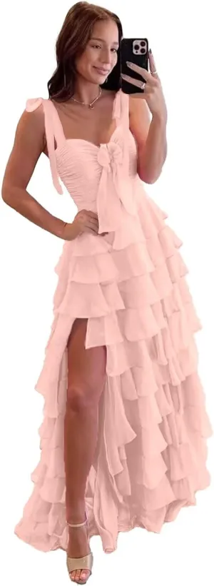 Tiered Spaghetti Strap Chiffon Prom Dress for Teens Sweetheart Prom Dresses for Women Bow Formal Evening Gowns with Split