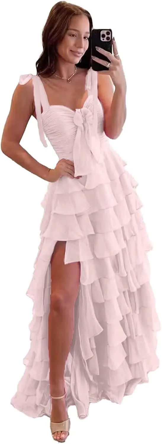 Tiered Spaghetti Strap Chiffon Prom Dress for Teens Sweetheart Prom Dresses for Women Bow Formal Evening Gowns with Split