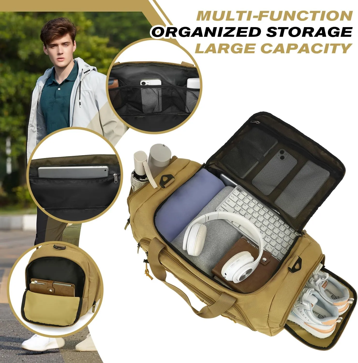 Travel Duffle Bag Backpack for Men 40L Medium Sports Gym Duffel with Wet Pocket & with Shoes Compartment Carry on Overnight Weekender Bag for Travel, Brown