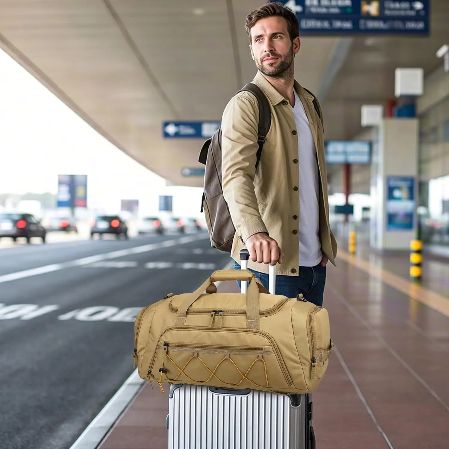 Travel Duffle Bag Backpack for Men 40L Medium Sports Gym Duffel with Wet Pocket & with Shoes Compartment Carry on Overnight Weekender Bag for Travel, Brown
