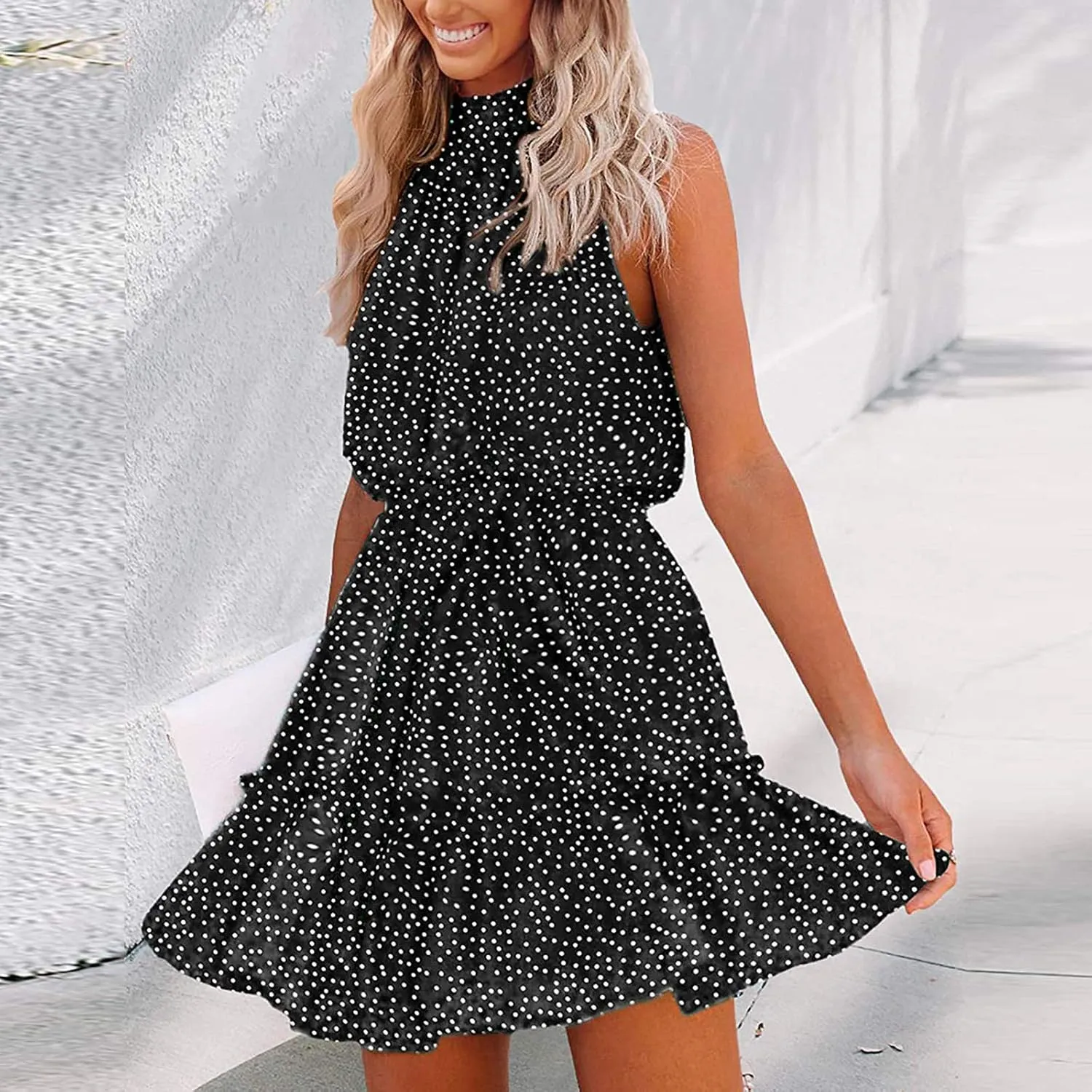 tuduoms Womens Boho Floral Dress Cute Ruffle Halter Neck Mini Dress Dot High Waist Party Beach A Line Swing Dresses with Belt
