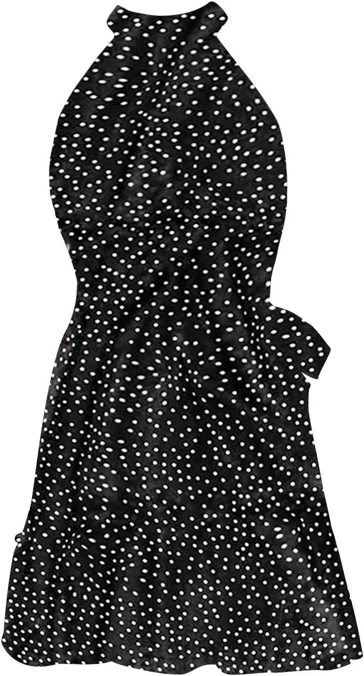 tuduoms Womens Boho Floral Dress Cute Ruffle Halter Neck Mini Dress Dot High Waist Party Beach A Line Swing Dresses with Belt