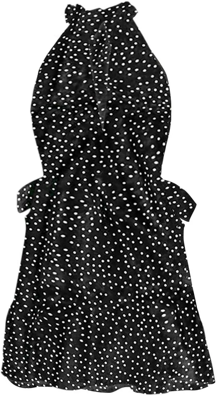 tuduoms Womens Boho Floral Dress Cute Ruffle Halter Neck Mini Dress Dot High Waist Party Beach A Line Swing Dresses with Belt