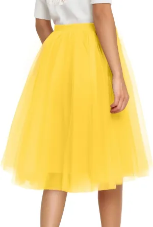 Tulle Skirts for Women Midi A Line Skirt Layered Skorts Elastic High Waisted Tutu Skirt for Prom Party