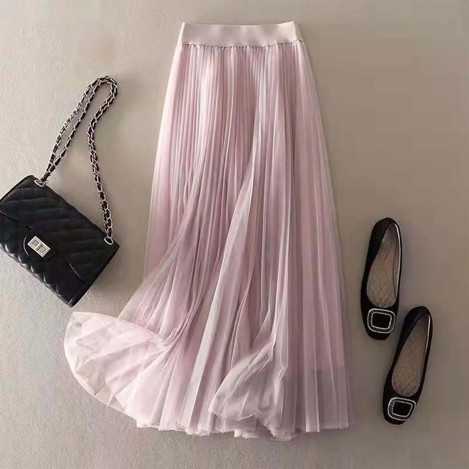 Tulle Skirts for Women Solid Chiffon High Waist Pleated Skirt Casual Boho Midi Swing A-Line Double Layer Summer