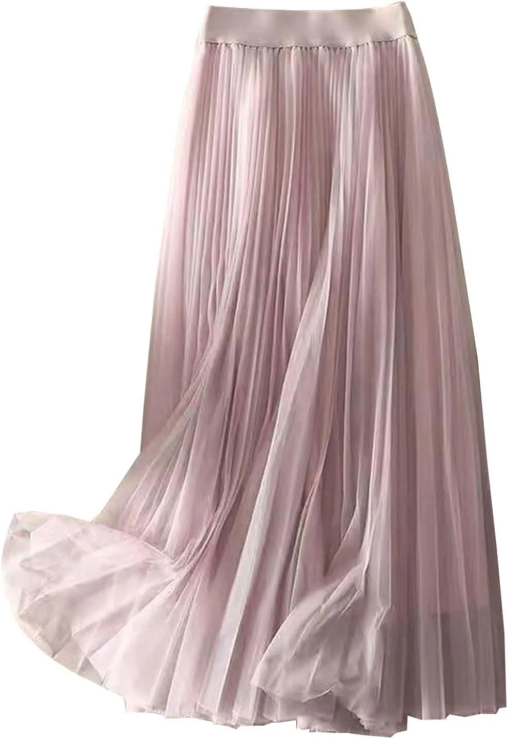 Tulle Skirts for Women Solid Chiffon High Waist Pleated Skirt Casual Boho Midi Swing A-Line Double Layer Summer