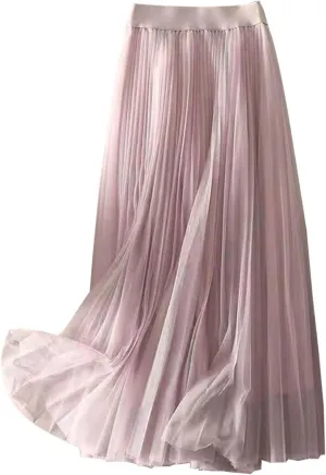 Tulle Skirts for Women Solid Chiffon High Waist Pleated Skirt Casual Boho Midi Swing A-Line Double Layer Summer