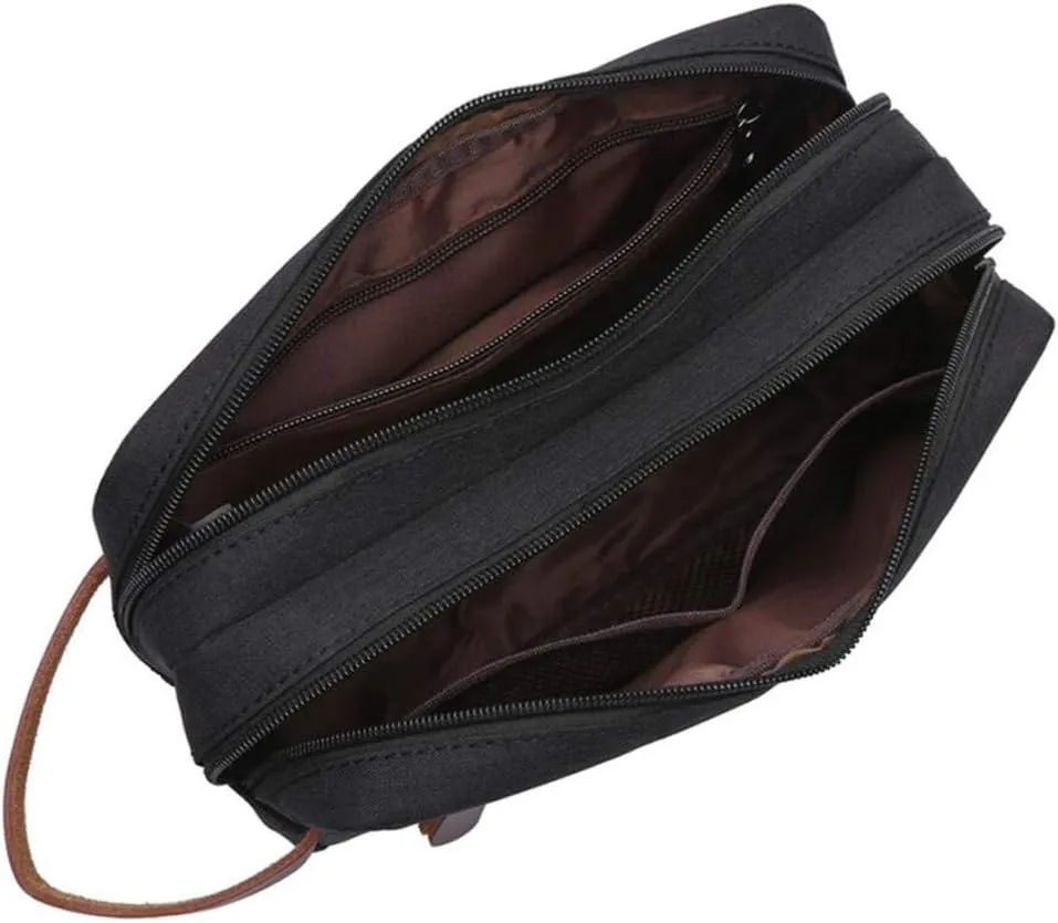 Tumecos Mens Toiletry Bag Leather Waxed Canvas Shaving Dopp Kit Travel Accessories Organizer Bag
