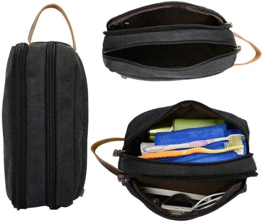 Tumecos Mens Toiletry Bag Leather Waxed Canvas Shaving Dopp Kit Travel Accessories Organizer Bag