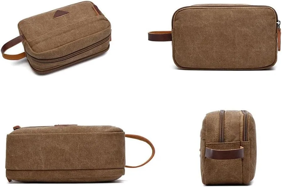 Tumecos Mens Toiletry Bag Leather Waxed Canvas Shaving Dopp Kit Travel Accessories Organizer Bag