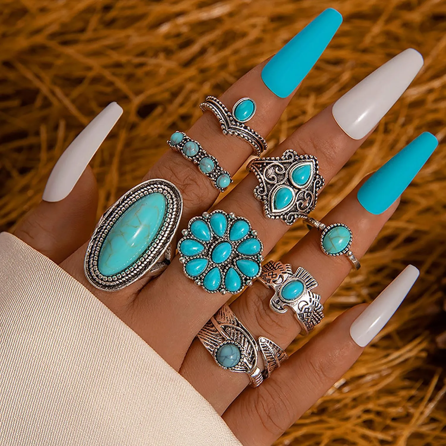 Turquoise Ring for Women Bohemian Stackable Knuckle Rings Set Boho Turquoise Finger Ring Vintage Oval Flower Starfish Teardrop Midi Snake Ring Western Rings Jewelry