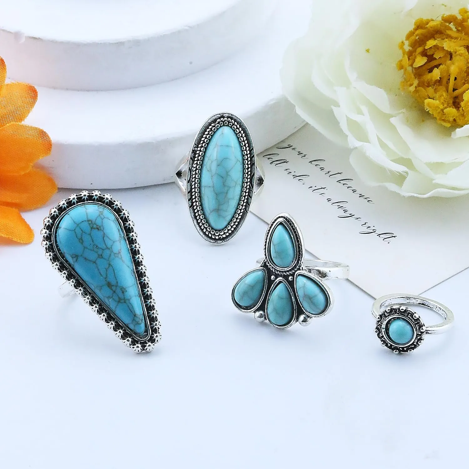 Turquoise Ring for Women Bohemian Stackable Knuckle Rings Set Boho Turquoise Finger Ring Vintage Oval Flower Starfish Teardrop Midi Snake Ring Western Rings Jewelry