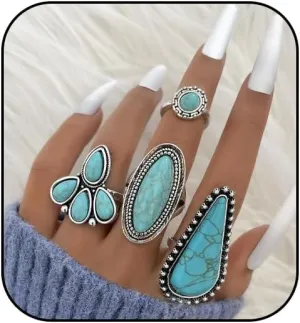 Turquoise Ring for Women Bohemian Stackable Knuckle Rings Set Boho Turquoise Finger Ring Vintage Oval Flower Starfish Teardrop Midi Snake Ring Western Rings Jewelry