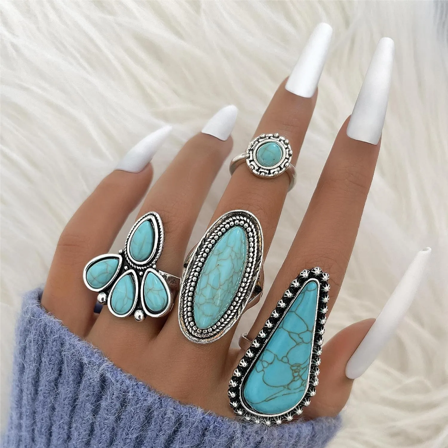 Turquoise Ring for Women Bohemian Stackable Knuckle Rings Set Boho Turquoise Finger Ring Vintage Oval Flower Starfish Teardrop Midi Snake Ring Western Rings Jewelry