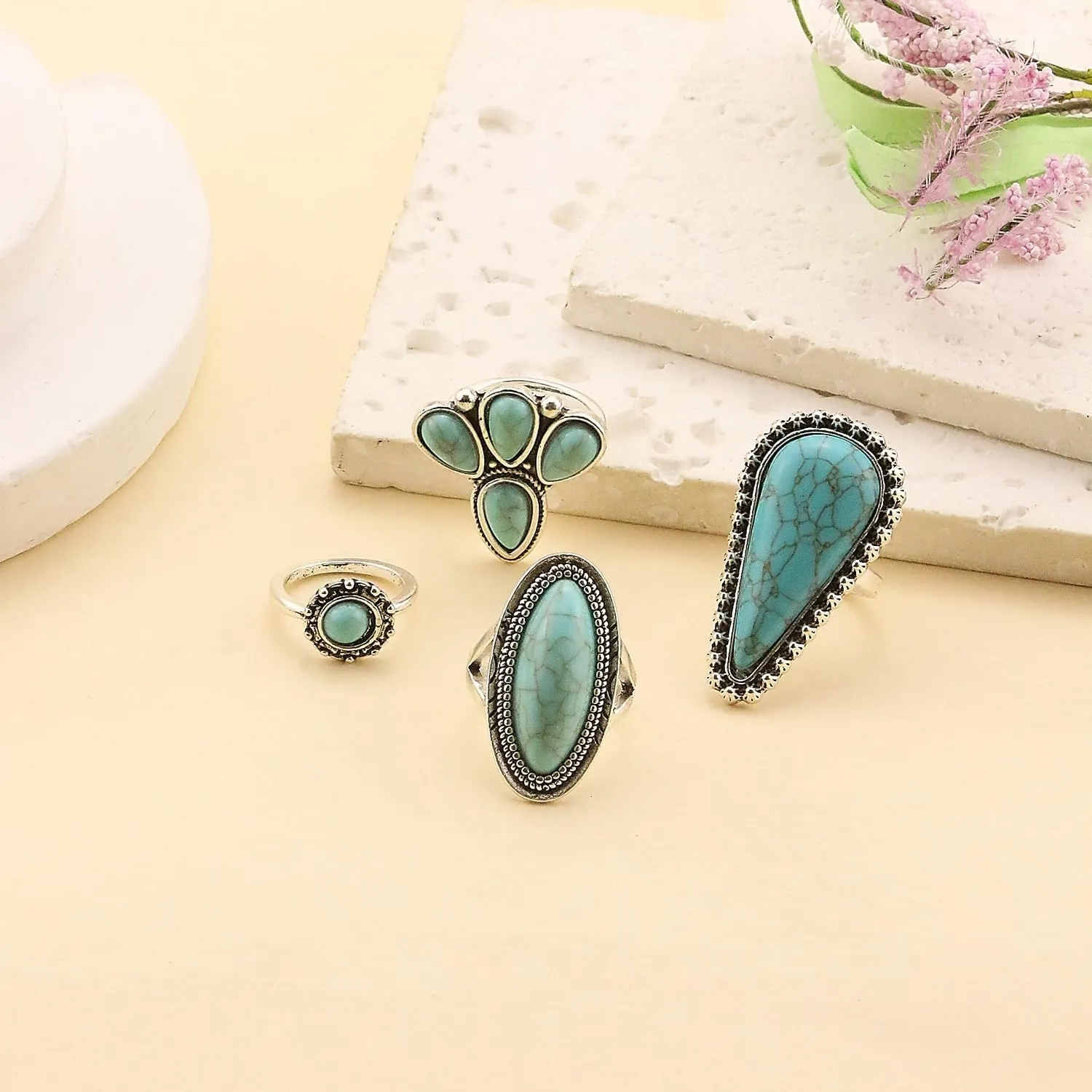 Turquoise Ring for Women Bohemian Stackable Knuckle Rings Set Boho Turquoise Finger Ring Vintage Oval Flower Starfish Teardrop Midi Snake Ring Western Rings Jewelry
