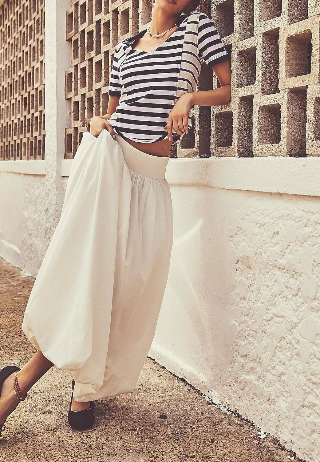 UAURORAO Women Y2K Bubble Maxi Skirts High Waist Ruffle Hem Pleated Long Skirts A Line Midi Dress Summer Streetwear