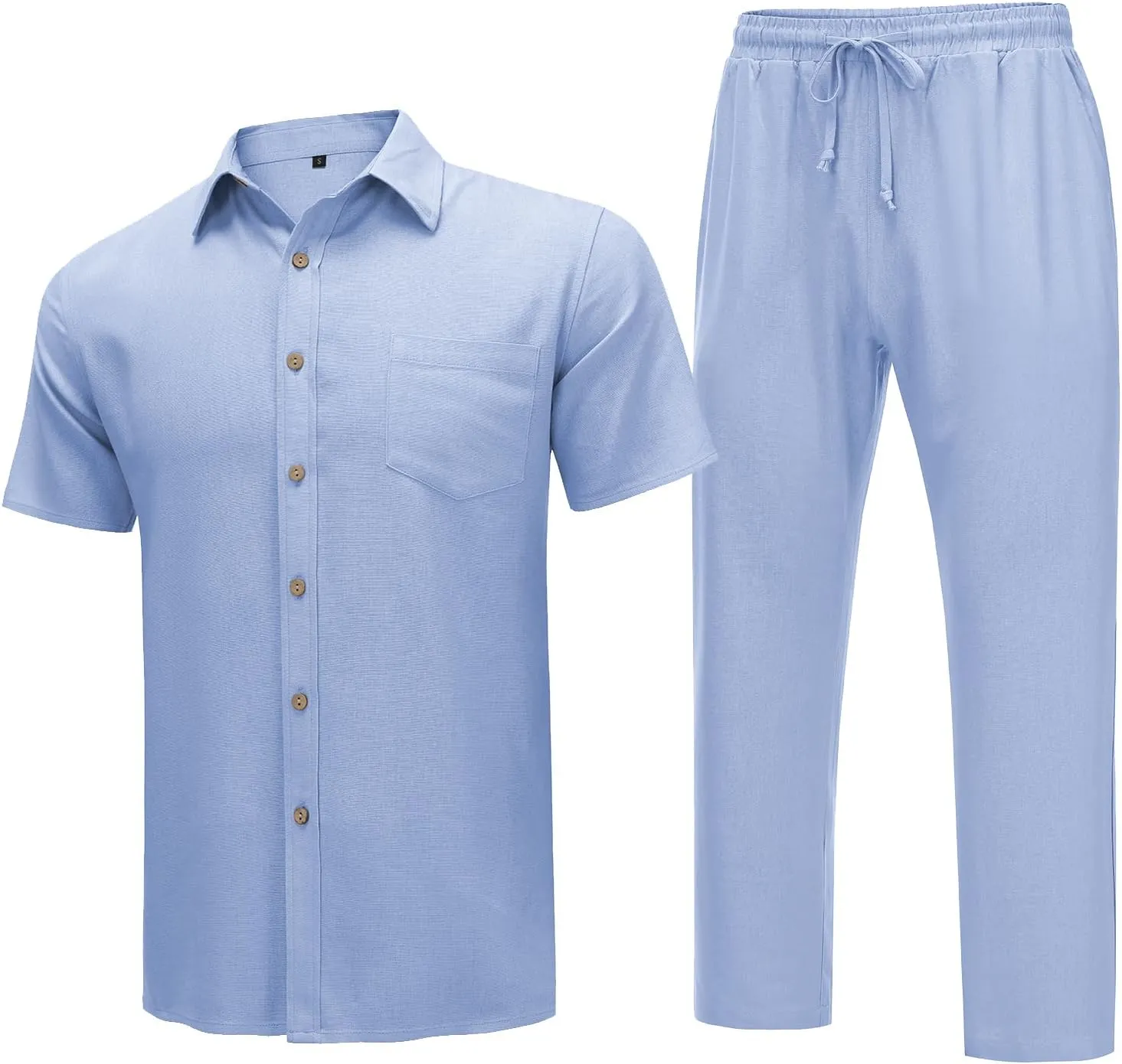 URRU Mens 2 Piece Linen Outfit Summer Beach Short Sleeve Button Down Shirt and Pants Set