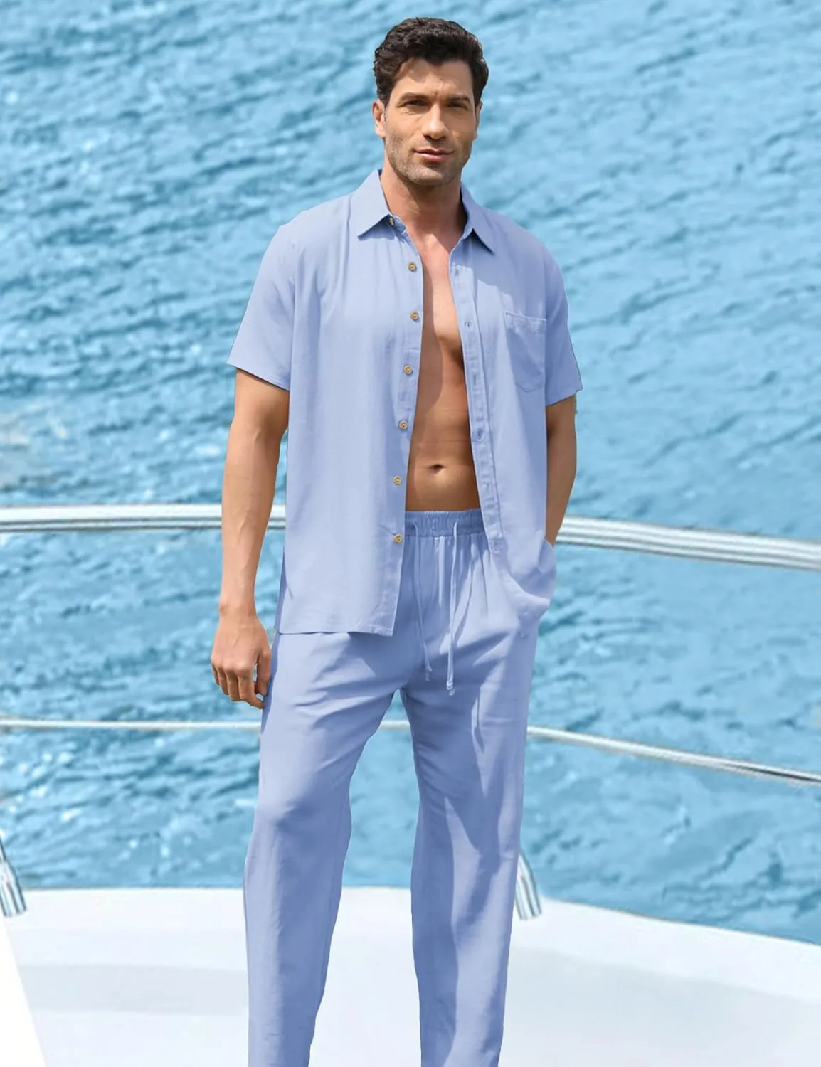 URRU Mens 2 Piece Linen Outfit Summer Beach Short Sleeve Button Down Shirt and Pants Set