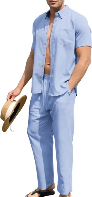 URRU Mens 2 Piece Linen Outfit Summer Beach Short Sleeve Button Down Shirt and Pants Set