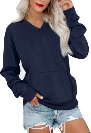 V Neck Sweatshirt Women Fleece Linen Cute Sweatshirts No Hood Comfy Oversized Hoodie with Pockets Winter Sweaters