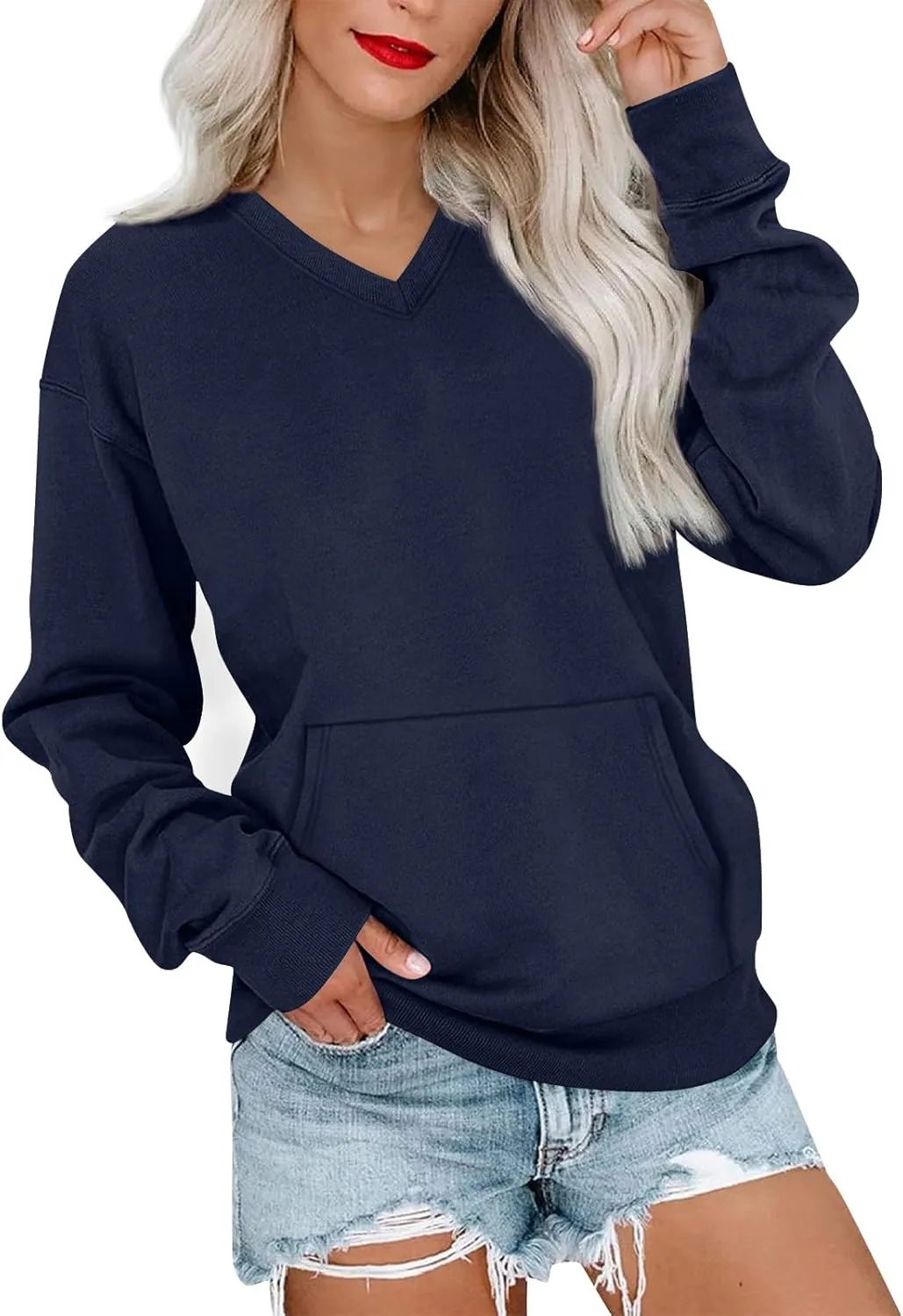 V Neck Sweatshirt Women Fleece Linen Cute Sweatshirts No Hood Comfy Oversized Hoodie with Pockets Winter Sweaters