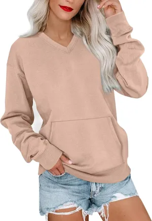 V Neck Sweatshirt Women Fleece Linen Cute Sweatshirts No Hood Comfy Oversized Hoodie with Pockets Winter Sweaters