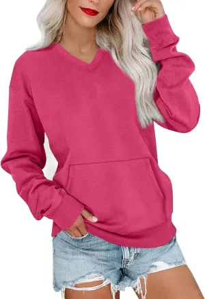 V Neck Sweatshirt Women Fleece Linen Cute Sweatshirts No Hood Comfy Oversized Hoodie with Pockets Winter Sweaters