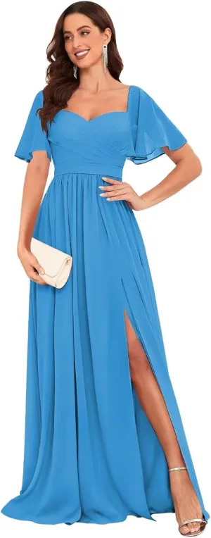 VCCICANY Women's Short Sleeve Bridesmaid Dresses for Wedding Pleated Chiffon A Line Long Formal Gown with Slit