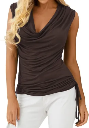 Veatzaer Women Cowl Neck Tank Tops Summer Ruched Sleeveless Casual Shirts Side Shirring Cotton Tops