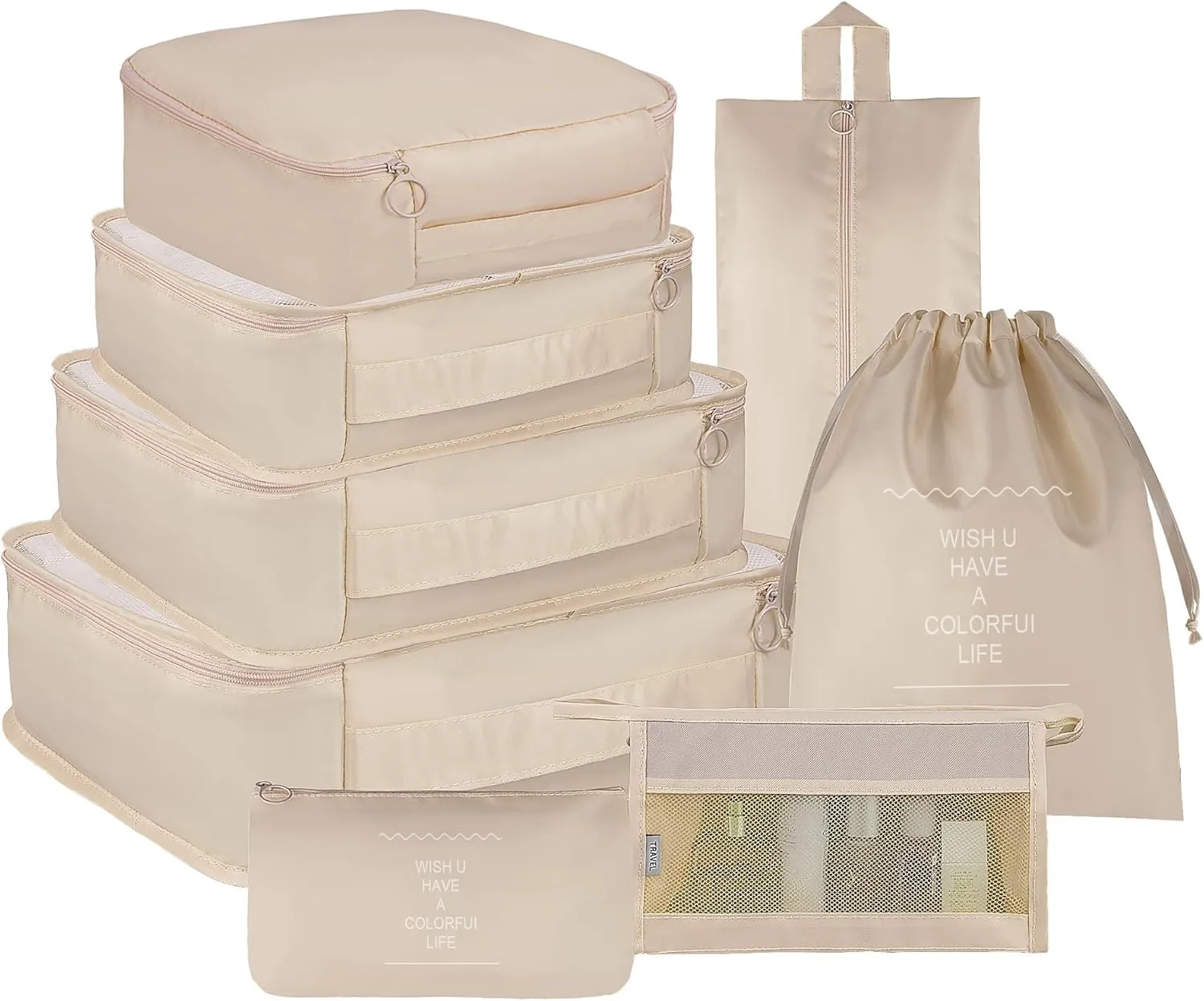 Vercord 8 Set Travel Packing Pods Luggage Organizers Cubes with Laundry Bags Accessories