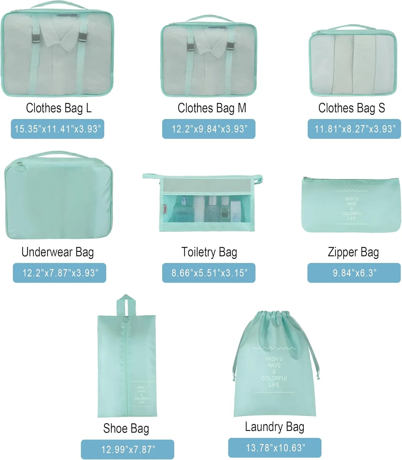 Vercord 8 Set Travel Packing Pods Luggage Organizers Cubes with Laundry Bags Accessories