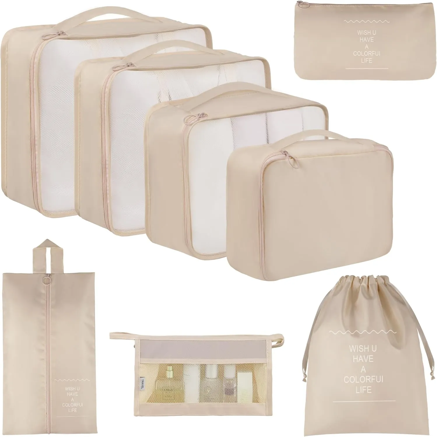 Vercord 8 Set Travel Packing Pods Luggage Organizers Cubes with Laundry Bags Accessories