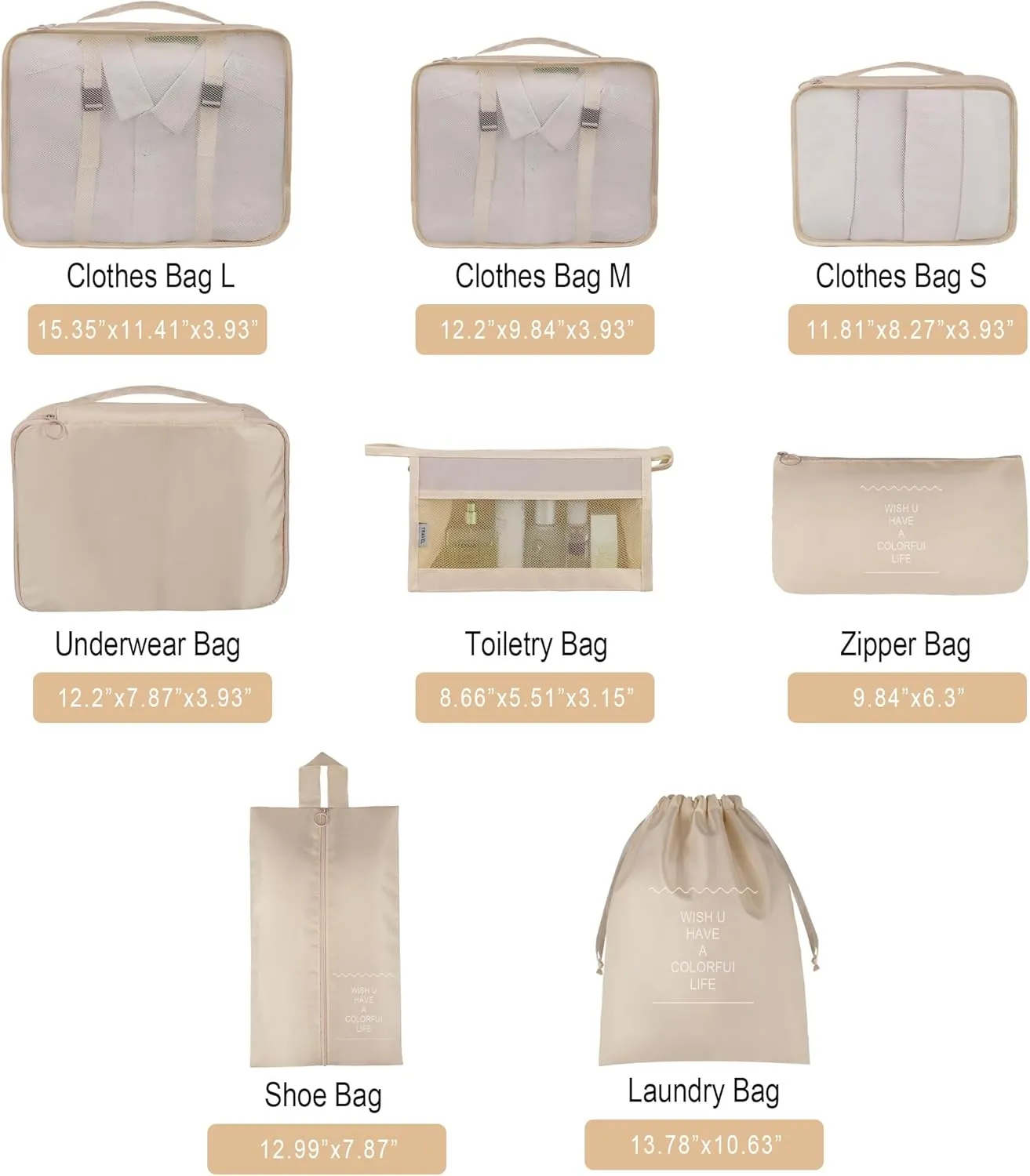 Vercord 8 Set Travel Packing Pods Luggage Organizers Cubes with Laundry Bags Accessories