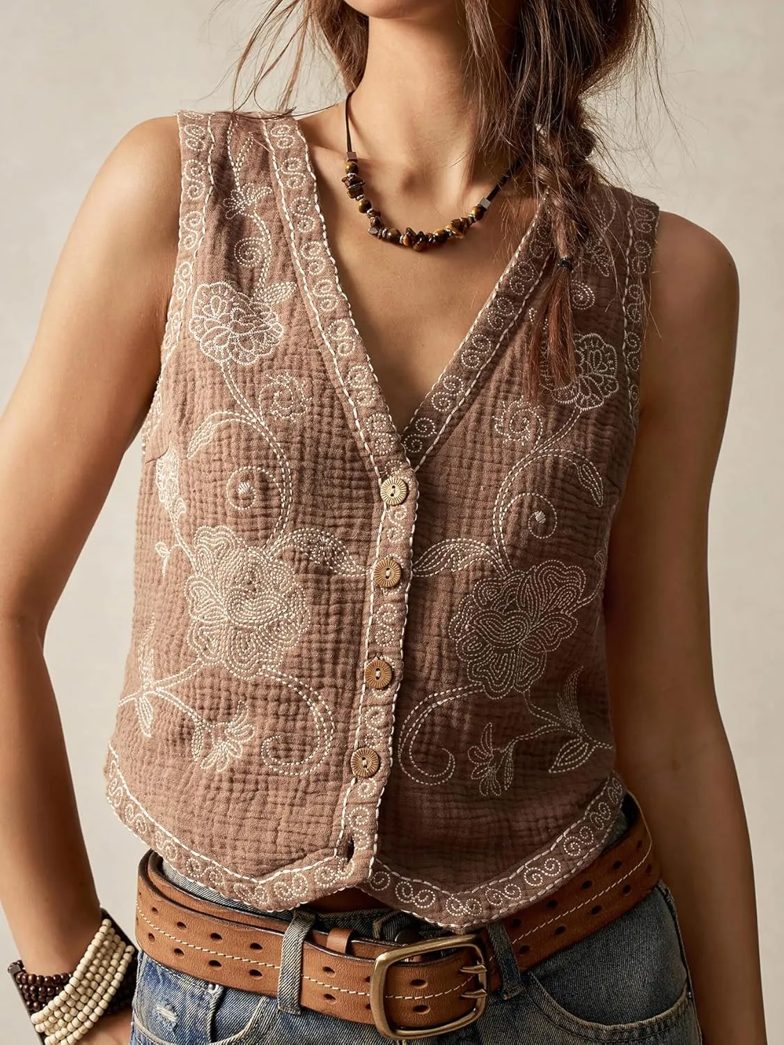 Verdusa Women's Boho Western Floral Embroidery Tank Tops Button Front V Neck Vest Tops