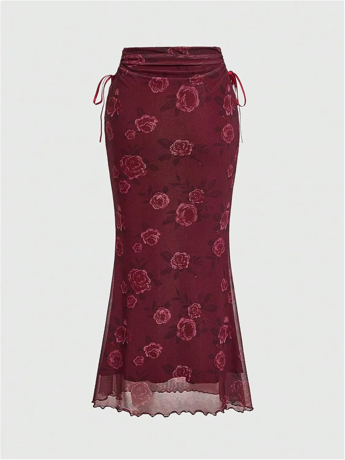 Verdusa Women's Floral Bow Tied Mesh Long Skirt Ruched Drawstring Fishtail Bodycon Skirts