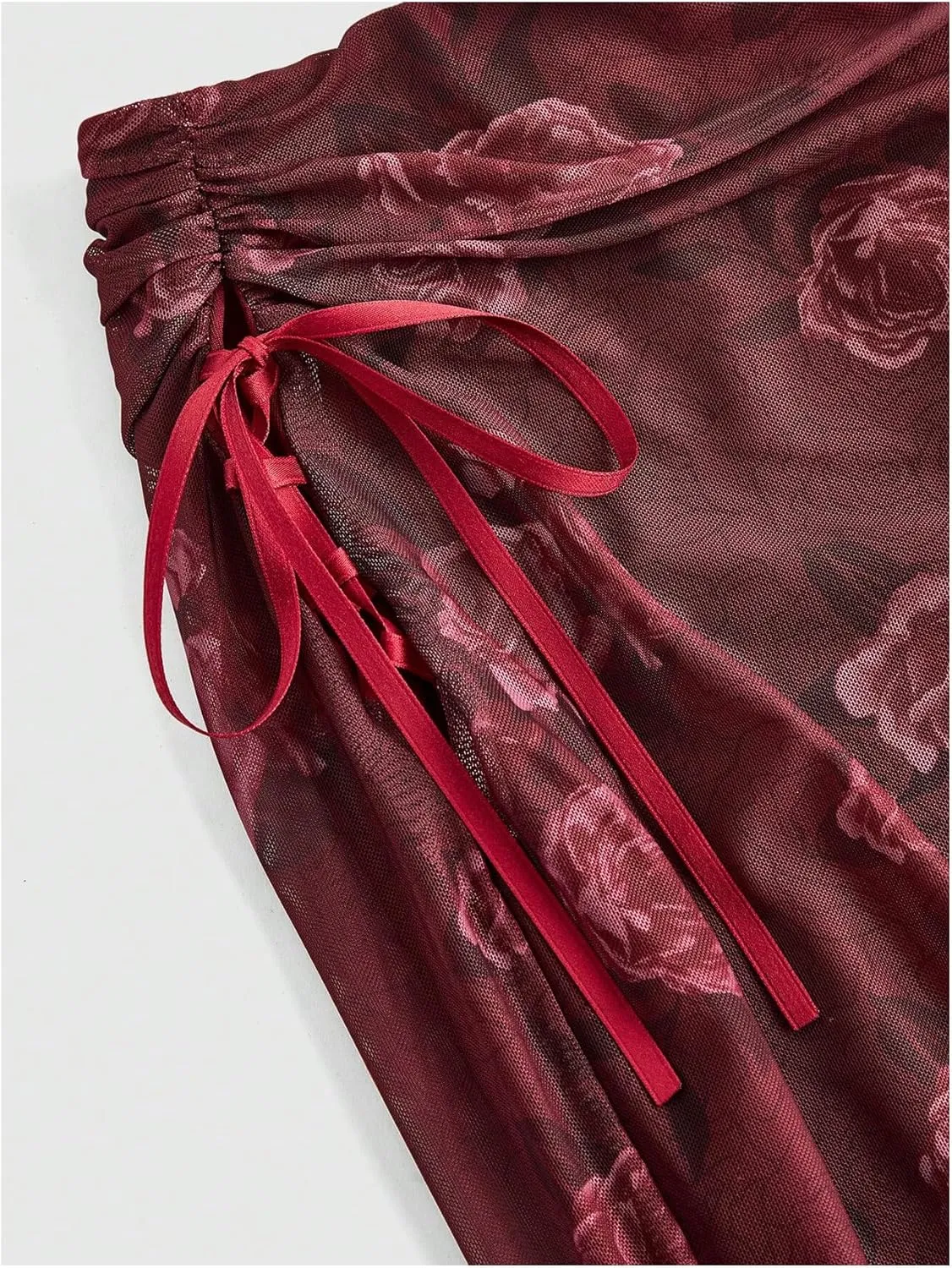 Verdusa Women's Floral Bow Tied Mesh Long Skirt Ruched Drawstring Fishtail Bodycon Skirts