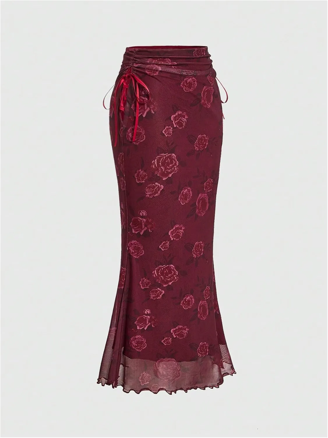 Verdusa Women's Floral Bow Tied Mesh Long Skirt Ruched Drawstring Fishtail Bodycon Skirts