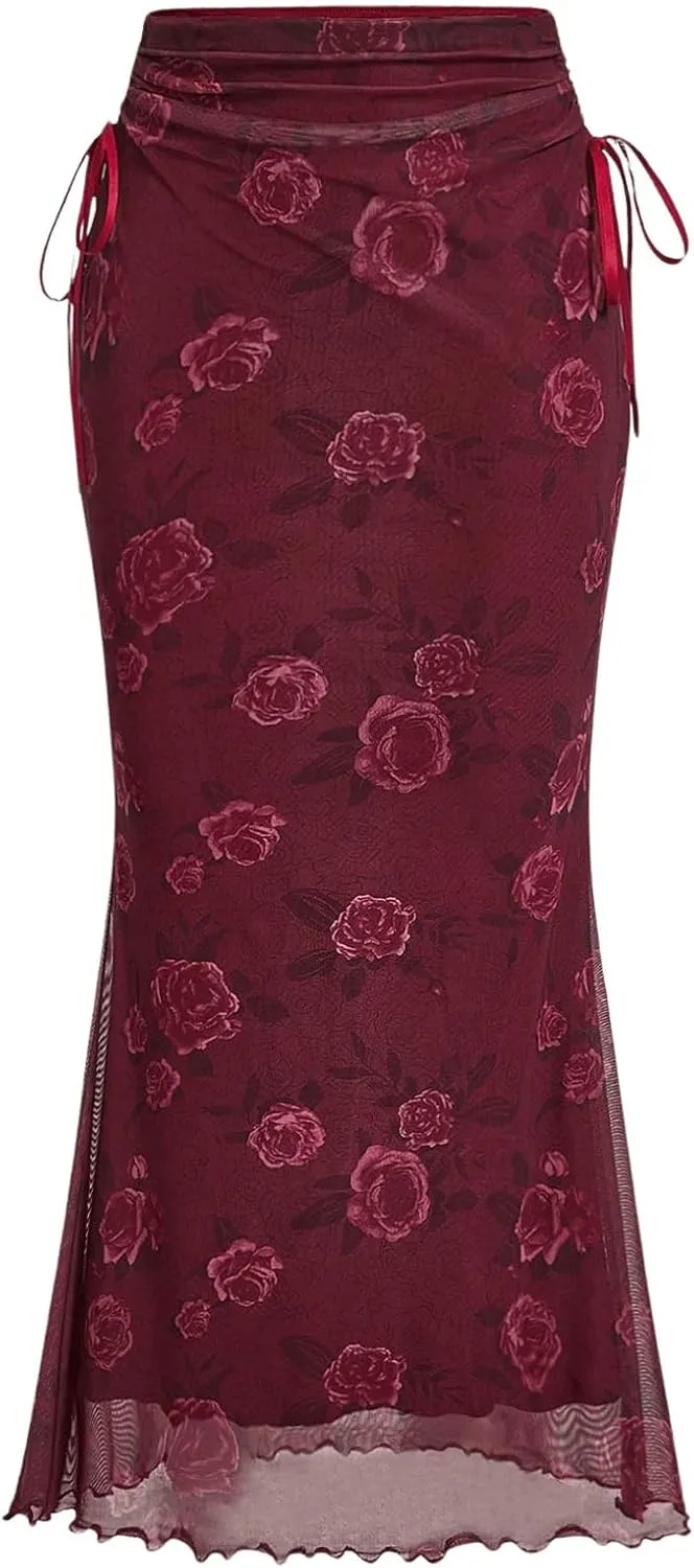 Verdusa Women's Floral Bow Tied Mesh Long Skirt Ruched Drawstring Fishtail Bodycon Skirts
