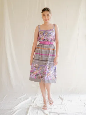Vintage Cotton Colorful Stripes Floral Print Midi Dress