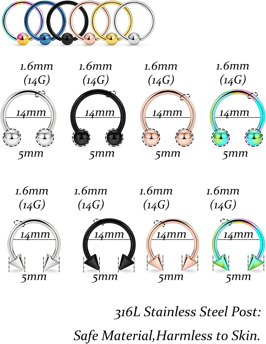 Vsnnsns 12G & 16G Septum Rings - Surgical Steel Septum Piercing Jewelry Horseshoe & Snake Bite Rings, Daith Rook Earrings for Women & Men