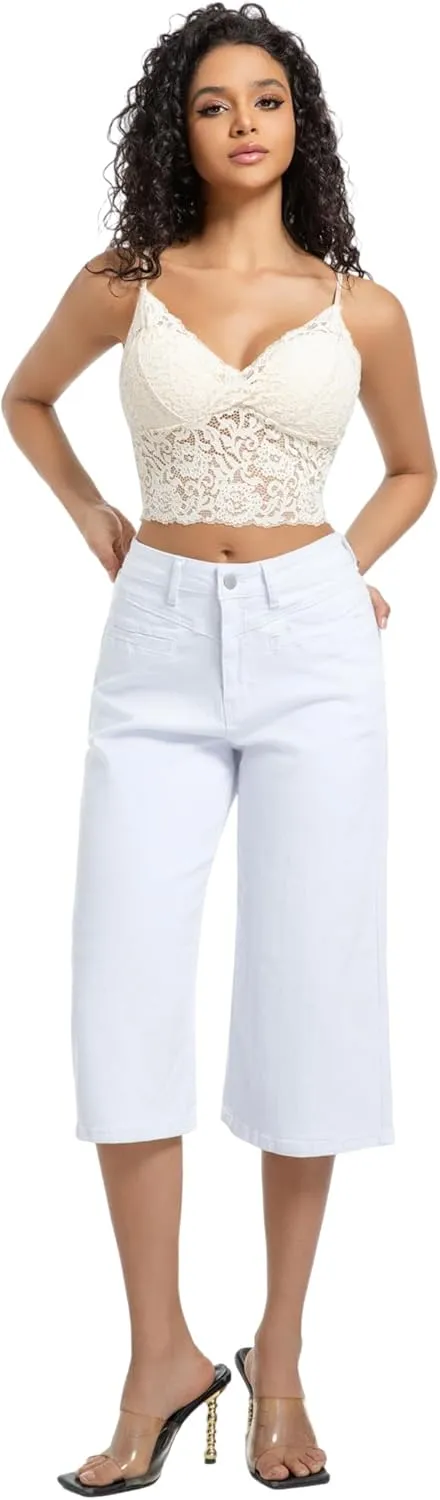 Wide Leg Capri Pants for Women Stretchy High Waisted Frayed Hem Loose Denim Jeans