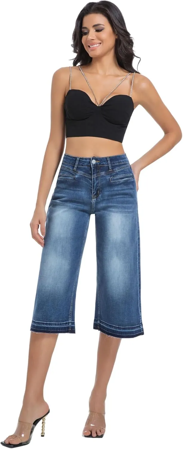 Wide Leg Capri Pants for Women Stretchy High Waisted Frayed Hem Loose Denim Jeans