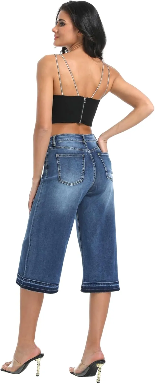 Wide Leg Capri Pants for Women Stretchy High Waisted Frayed Hem Loose Denim Jeans