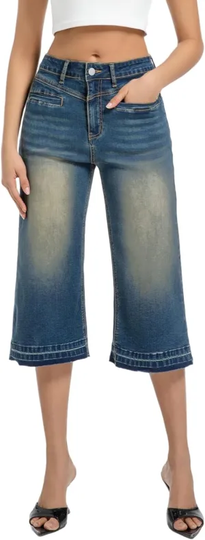 Wide Leg Capri Pants for Women Stretchy High Waisted Frayed Hem Loose Denim Jeans