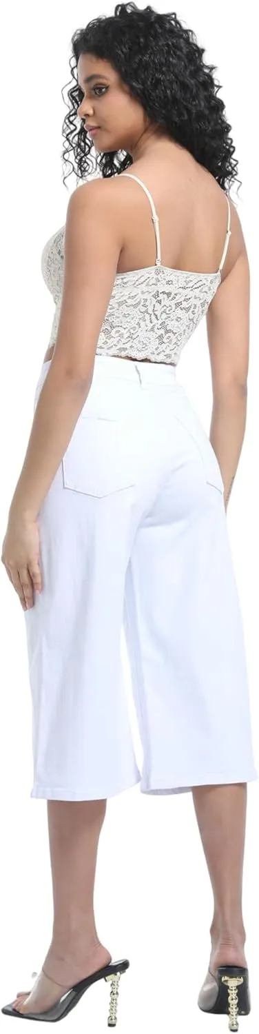 Wide Leg Capri Pants for Women Stretchy High Waisted Frayed Hem Loose Denim Jeans