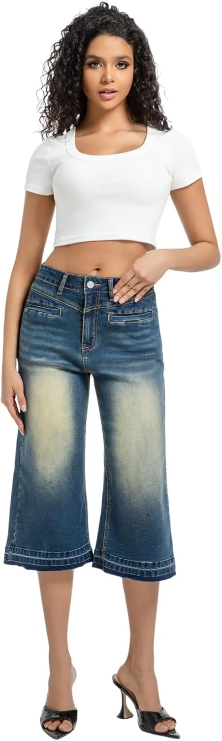Wide Leg Capri Pants for Women Stretchy High Waisted Frayed Hem Loose Denim Jeans