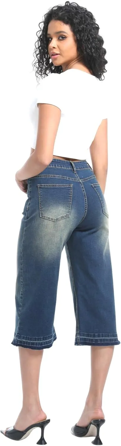 Wide Leg Capri Pants for Women Stretchy High Waisted Frayed Hem Loose Denim Jeans