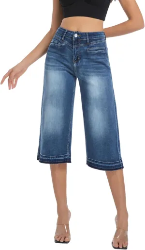 Wide Leg Capri Pants for Women Stretchy High Waisted Frayed Hem Loose Denim Jeans