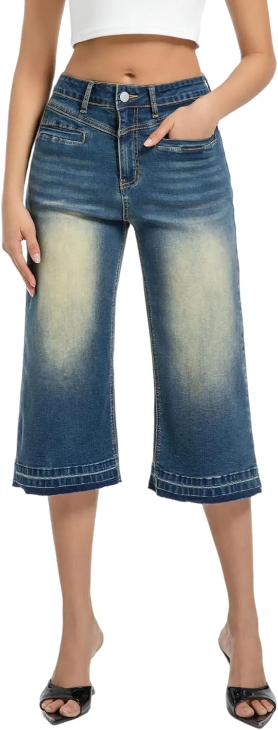 Wide Leg Capri Pants for Women Stretchy High Waisted Frayed Hem Loose Denim Jeans